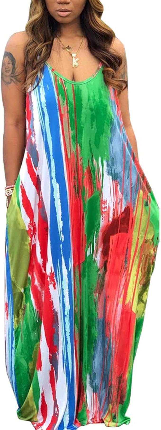 WOOSEN Womens Summer Suspender Maxi Dress with Pockets and Belt