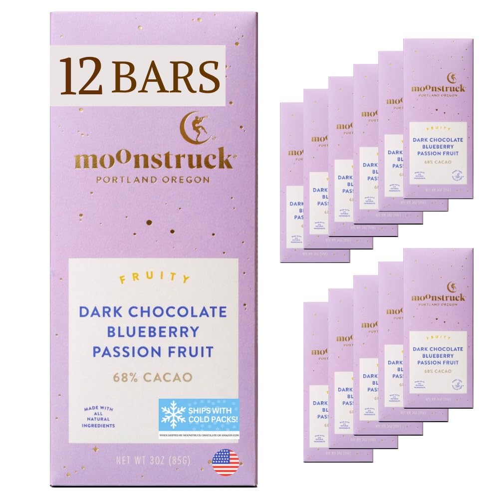 Moonstruck Blueberry and Passion Fruit Dark Chocolate Bars 12 Pack