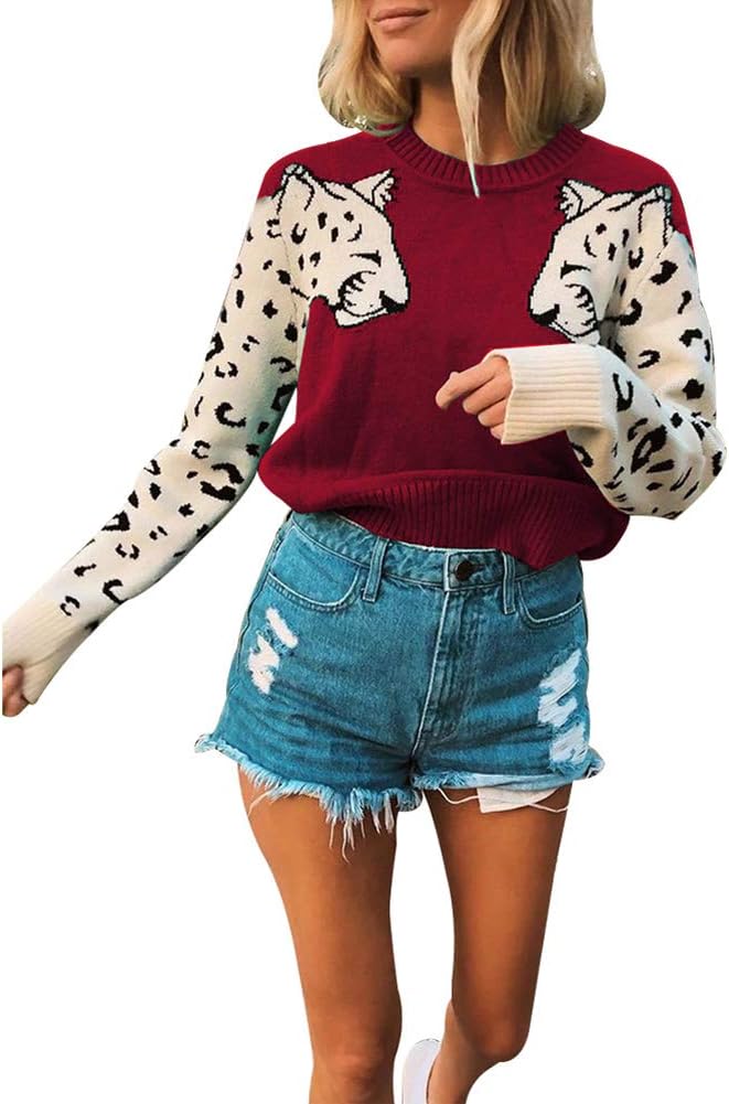 Stylish Womens Casual Leopard Print Knitted Pullover Sweater