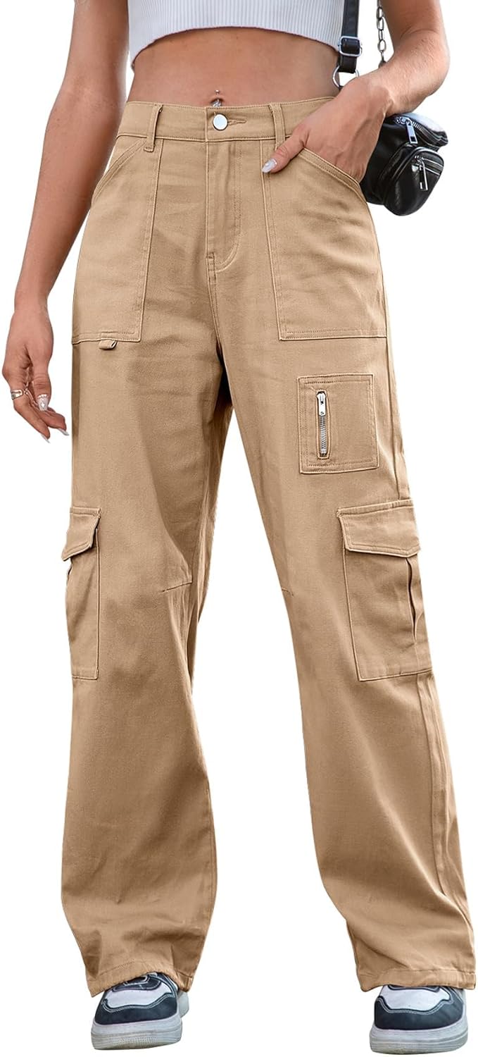 IVIR Cargo Pants Women High Waist Wide Leg Casual Trousers