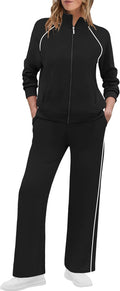Women's 2 Piece Full Zip Lounge Set Wide Leg Tracksuit - Cozy Fit
