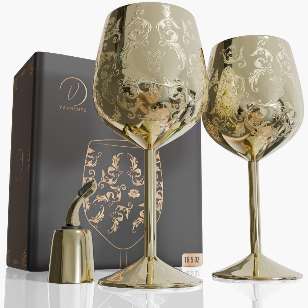 17oz Stainless Steel Wine Glasses Set of 2 with Baroque Engravings