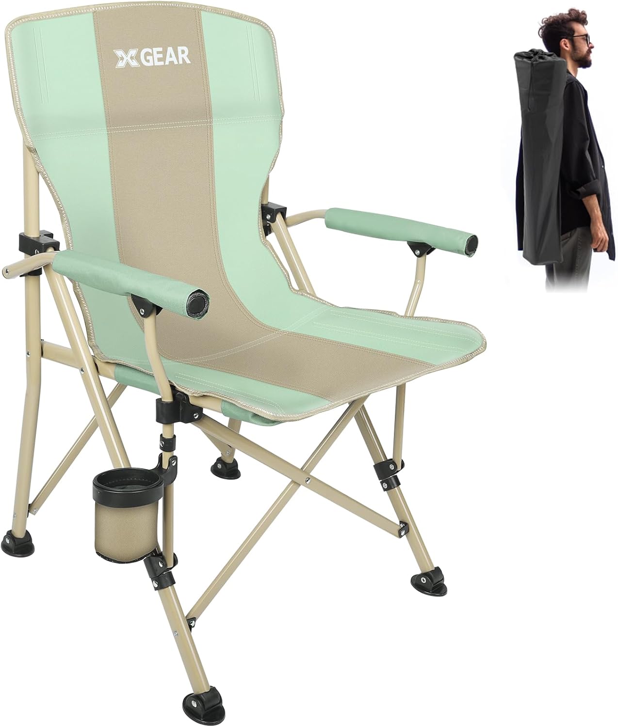 XGEAR Camping Chair with Padded Armrest and Cup Holder
