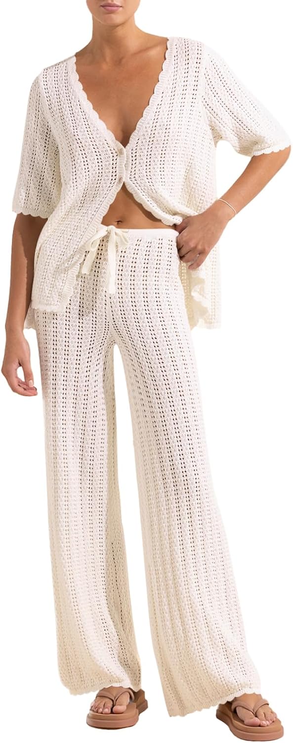 Imily Bela Women's Summer Crochet Knit Cardigan Pants Set