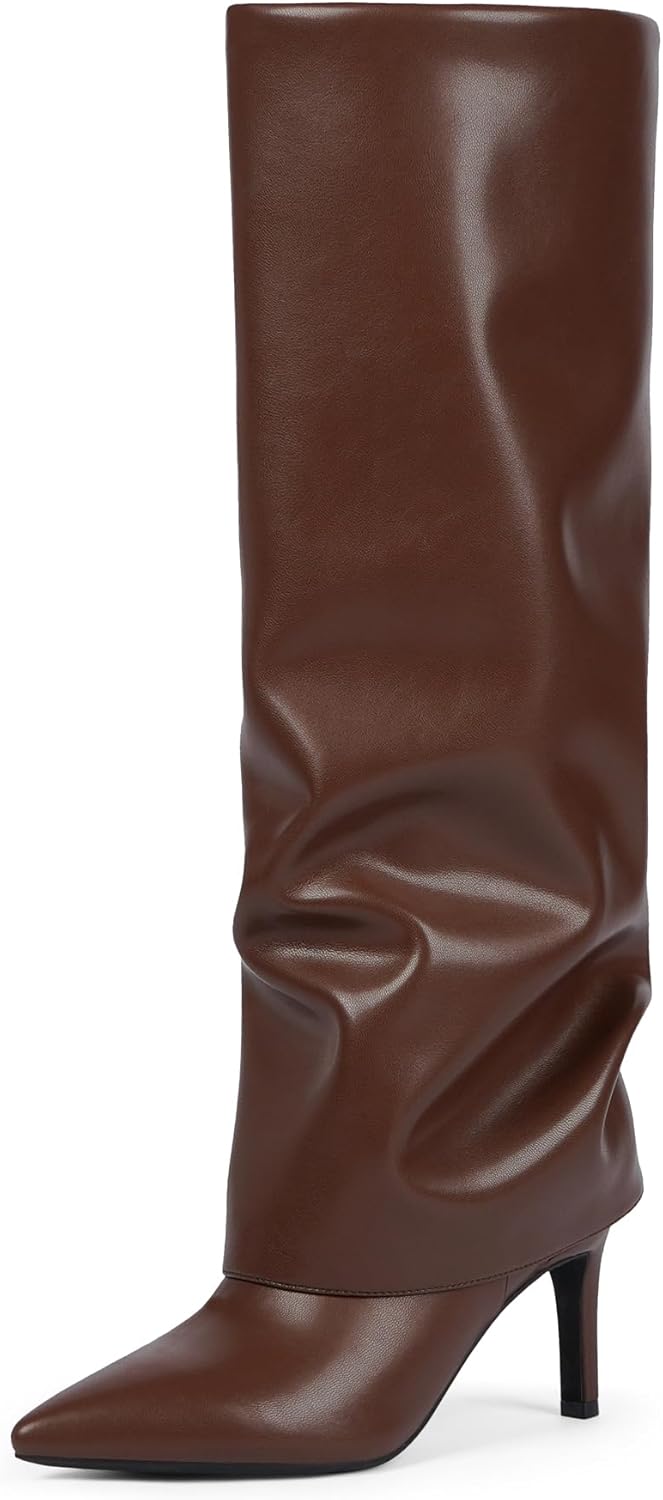 Knee High Boots Women Fold Over Stiletto Heel Long Shark Design