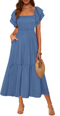 MASCOMODA Womens Summer Casual Midi Dress Square Neck - Flattering Fit