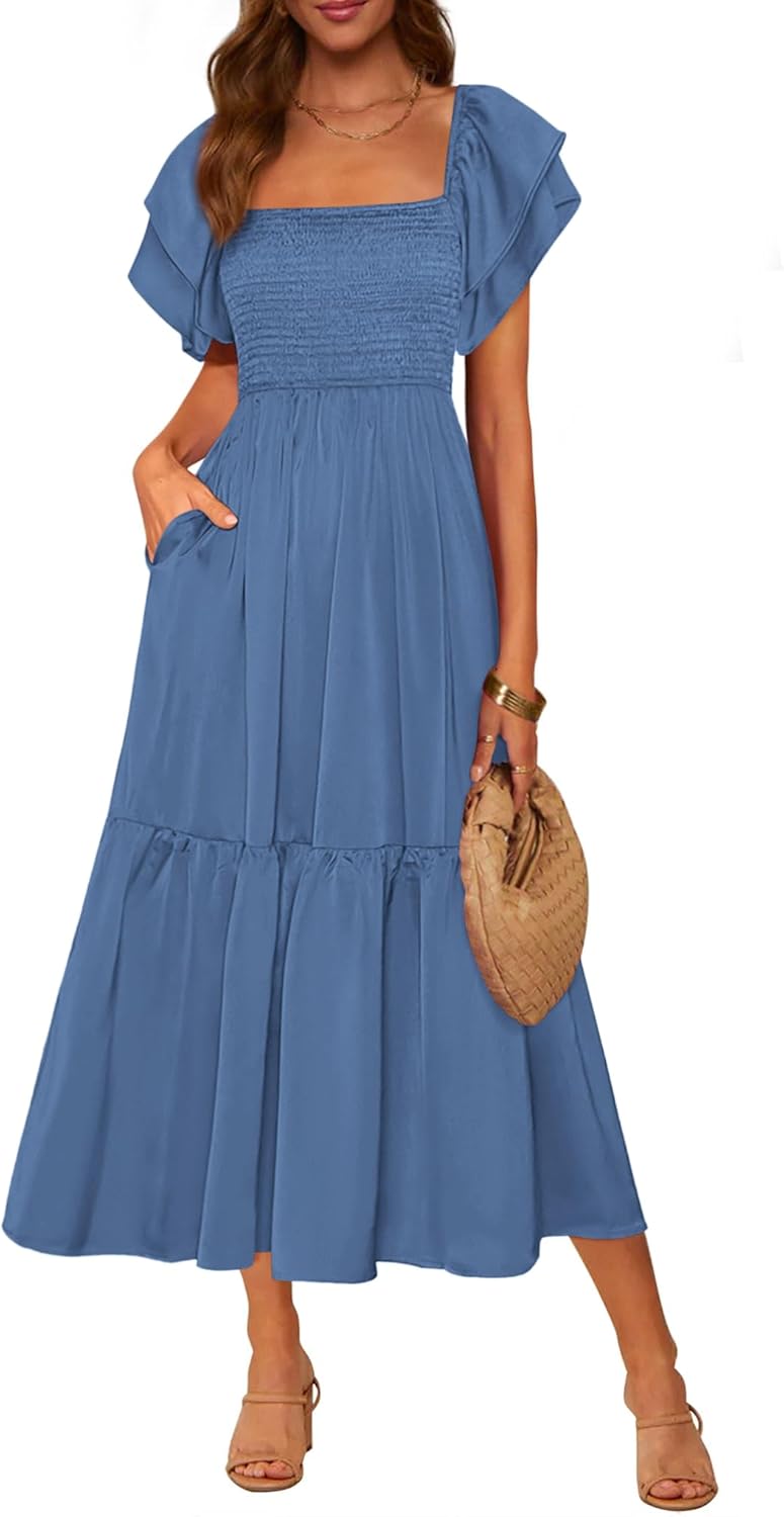 MASCOMODA Womens Summer Casual Midi Dress with Ruffle Sleeves