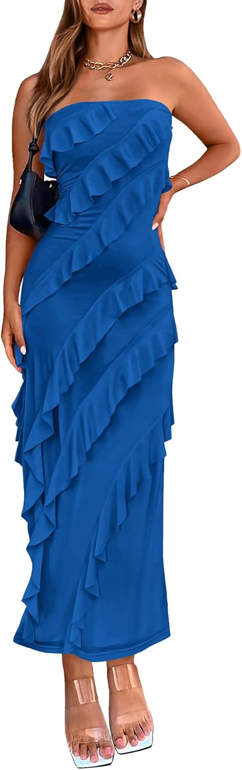 Elegant Strapless Midi Ruched Bodycon Dress for Women