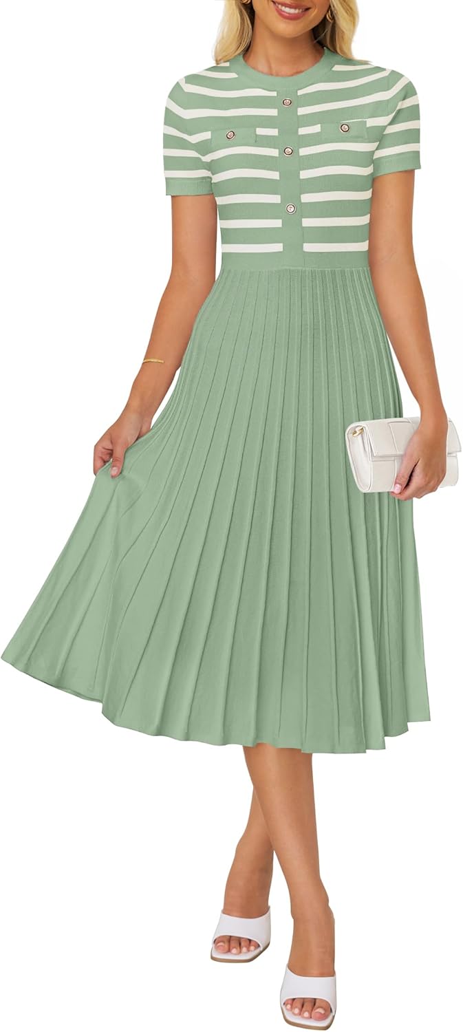 ZESICA Women's Casual Striped Midi Dress for Summer Elegance