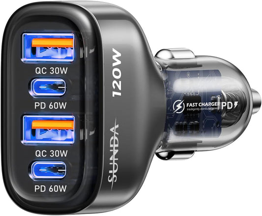 SUNDA 120W Fast Car Charger: Rapidly Power 4 Devices on-the-Go!