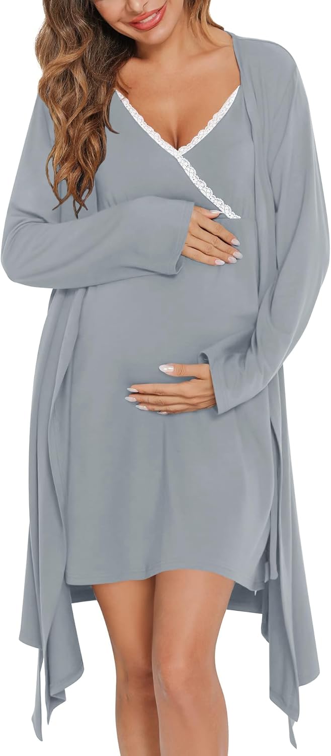 SWOMOG Womens Maternity Robe 2 Piece Nursing Nightgown Set