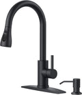FORIOUS Black Kitchen Faucet with Soap Dispenser - Durable Pull Down