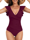 One Piece Swimsuit Ruffle Slimming Tummy Control - Flattering Fit neck