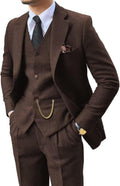 Retro Tweed Herringbone 3-Piece Slim Fit Suit - Classic Groom Tuxedo
