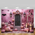 Pink Halloween Photography Backdrop 10x7ft - Castle Pumpkins Bats