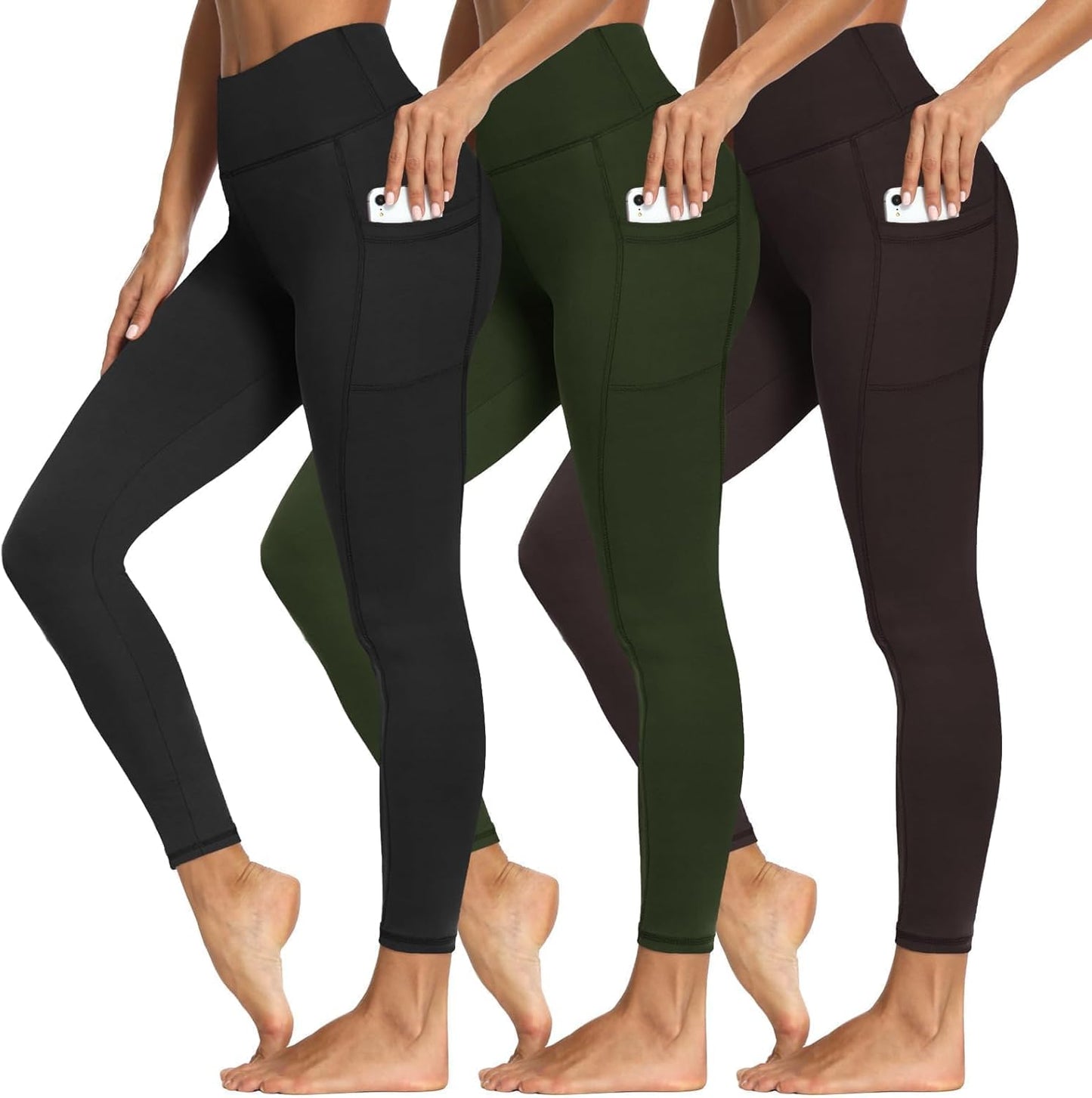 3 Packs Leggings with Pockets for Women - Soft High Waisted