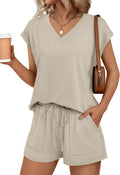 AUTOMET 2 Piece V Neck Cap Sleeve Shirt and Shorts