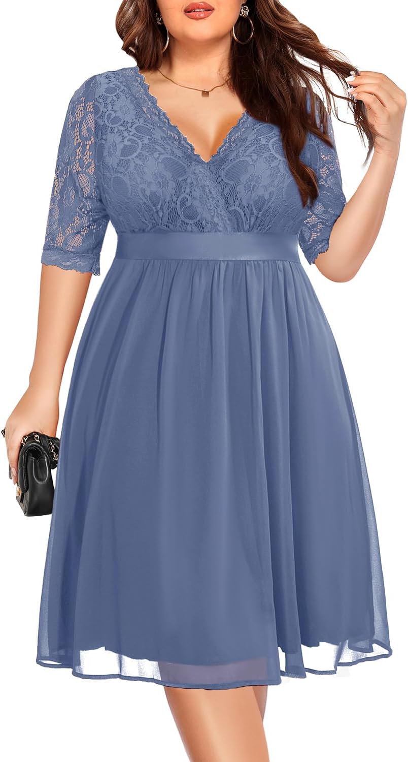 Plus Size Lace Chiffon Wrap V Neck Dress for Every Occasion