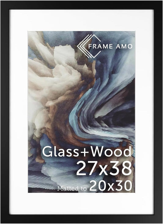 27x38 Black Solid Wood Poster Frame with White Mat for 20x30