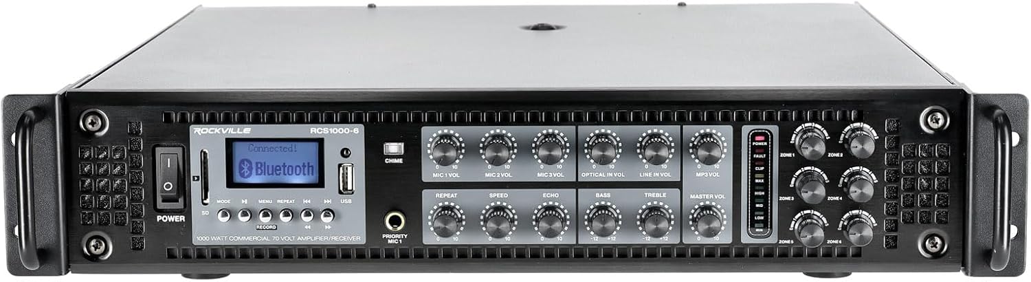 Rockville 1000W 6-Zone Amp - Bluetooth, USB/SD, Echo Mic - Ideal for Commercial Use