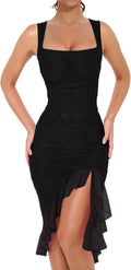 BORIFLORS Sexy Ruched Bodycon Midi Dress - Flattering Night Out Fit