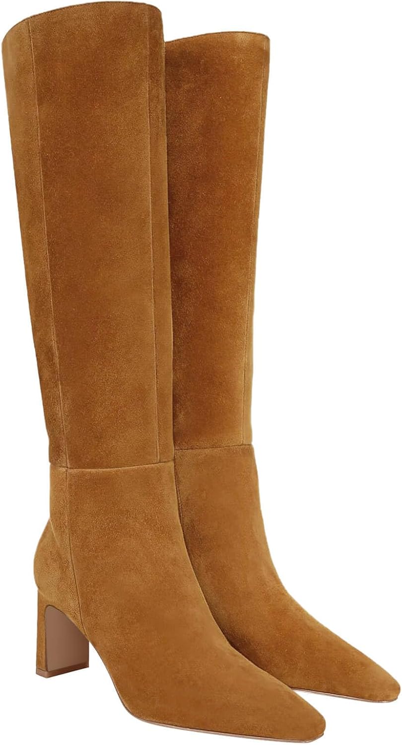 Coutgo Womens Knee High Boots with Chunky Heel and Zipper