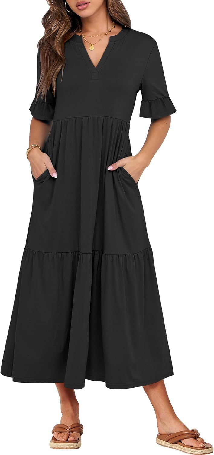ANRABESS Women's Casual Summer Ruffle Short Sleeve Maxi Dress