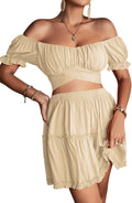 LYANER Women's 2 Piece Floral Off Shoulder Crop Top and Mini Skirt