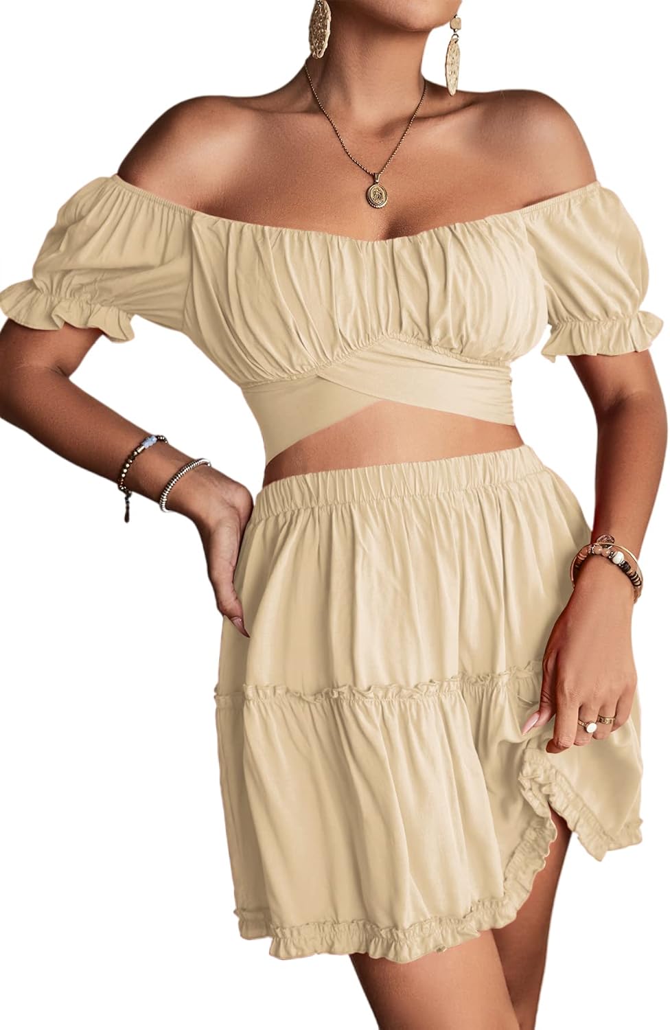 LYANER Women's Floral Off Shoulder Crop Top and Mini Skirt Set