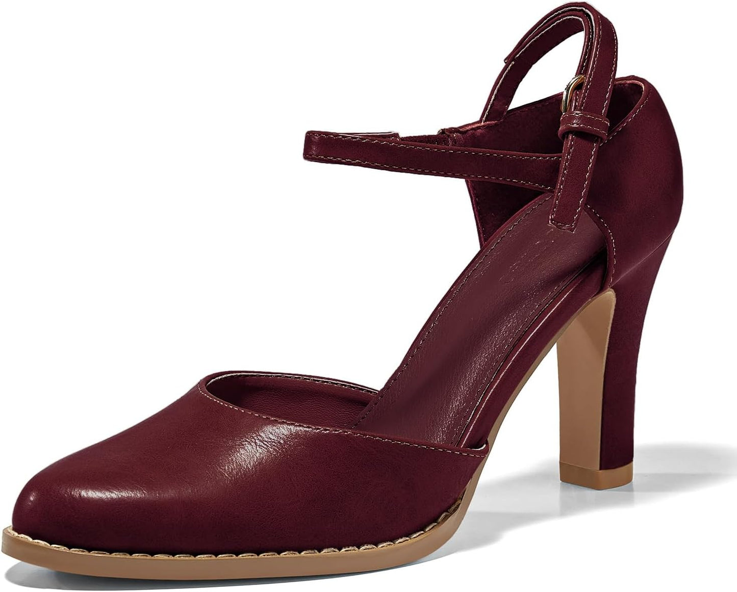 Coutgo Womens Chunky High Heels Closed Pointed Toe Ankle Strap Pumps