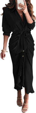 BTFBM Maxi Satin Shirt Dress - Elegant Long Sleeve Midi