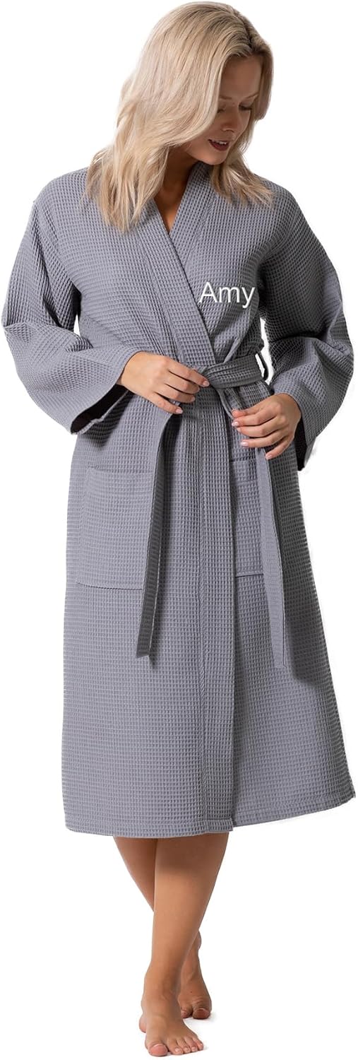 Turkish Linen Waffle Knit Lightweight Kimono Spa Robe for Women