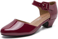 Women Wine Red Ankle Strap Closed Toe Low Chunky Heel Pumps