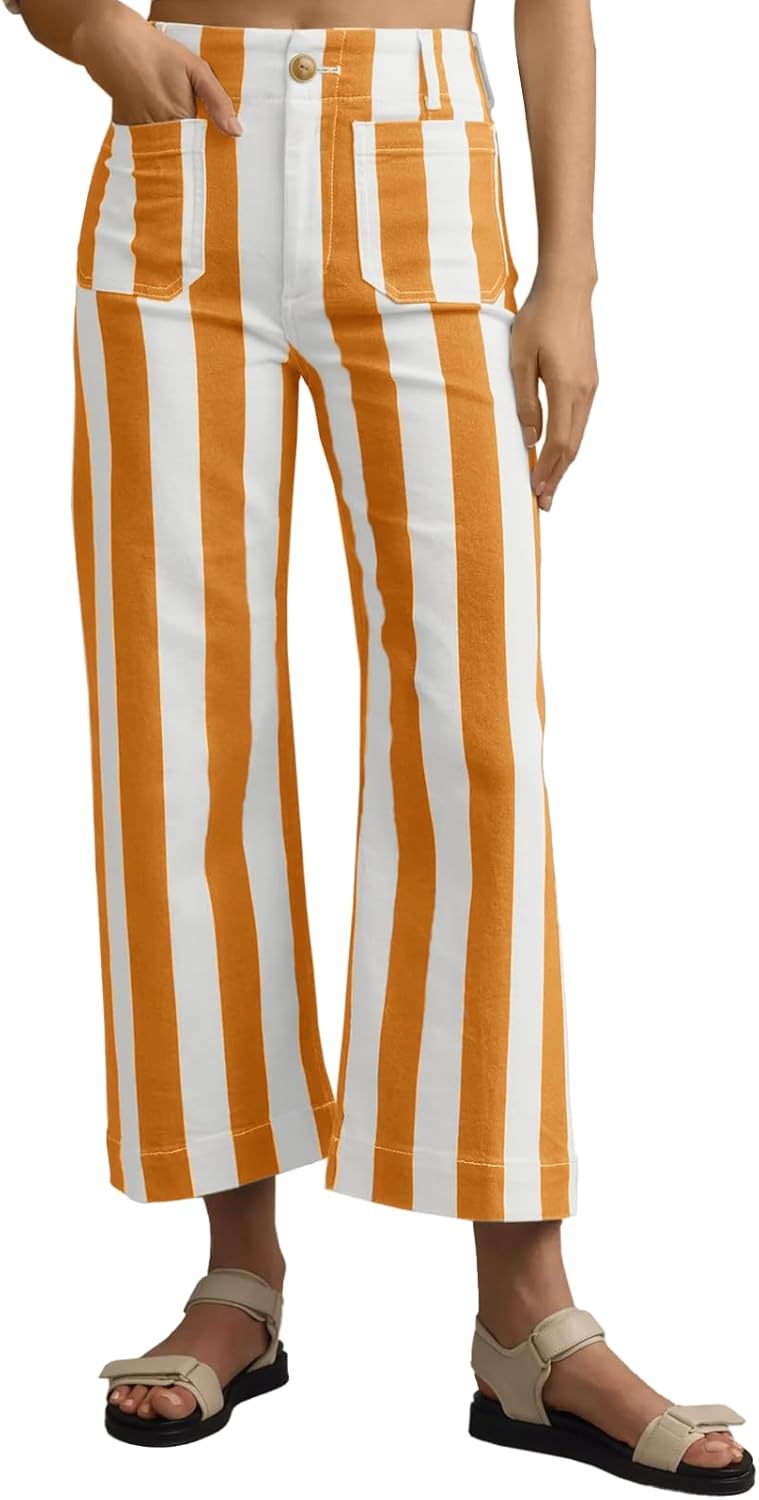 Cropped Striped Jeans for Women - High Waisted Stretchy Denim