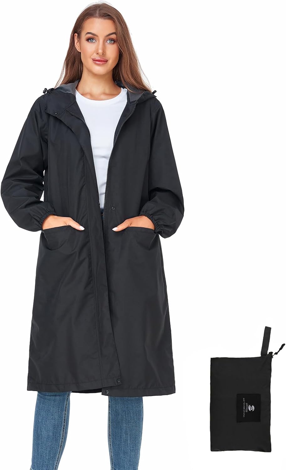 SaphiRose Women's Long Rain Jacket Waterproof Lightweight Hooded