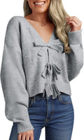 Womens Bow Sweater Cropped V Neck Long Sleeve - Cozy Fall Knit