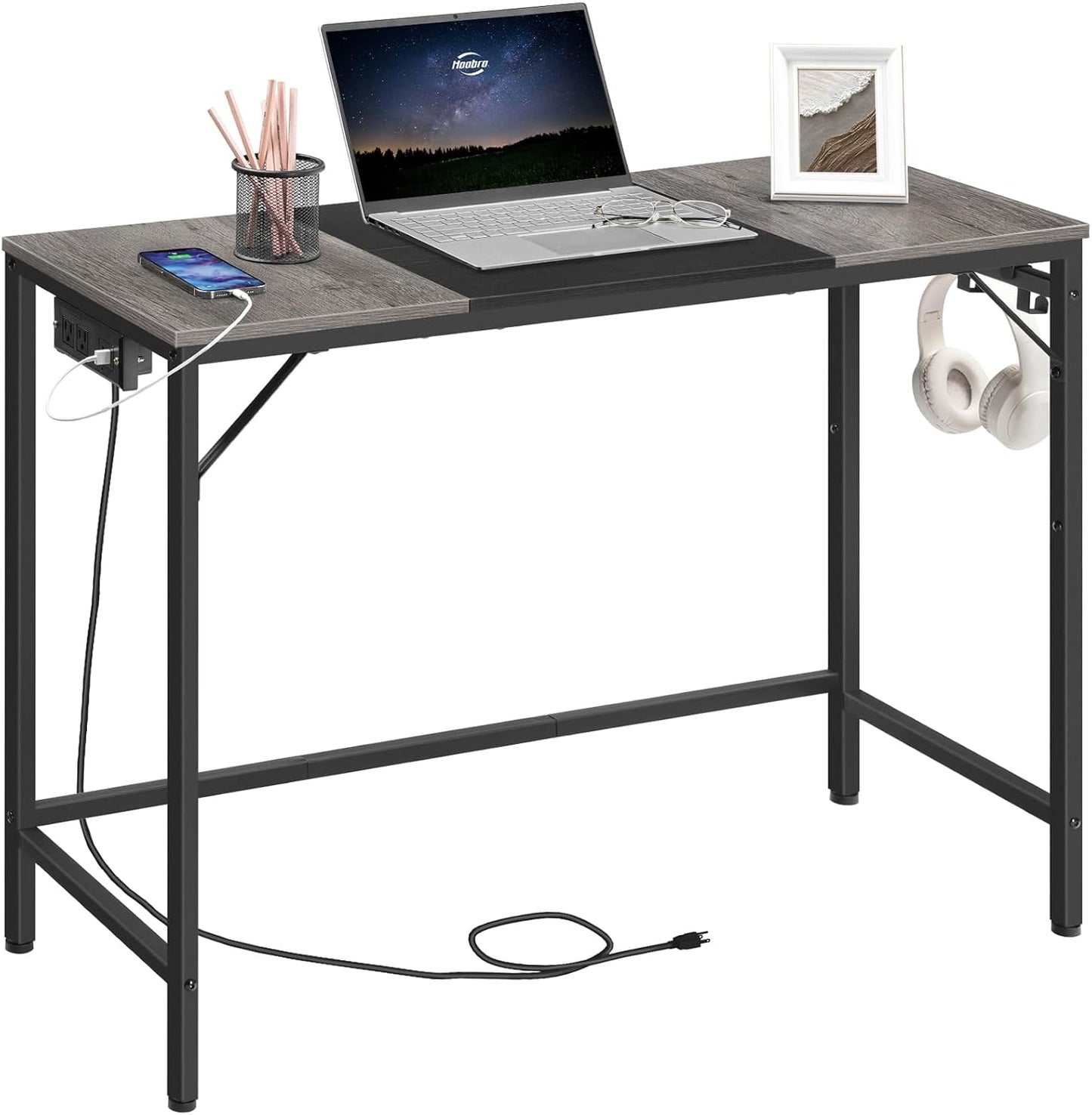 Modern Power Desk with Hooks: HOOBRO
