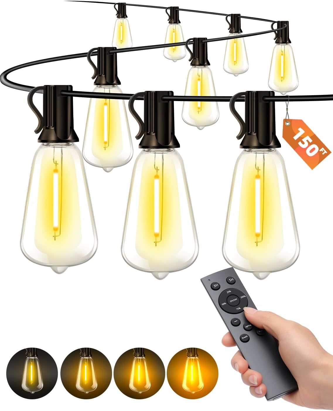 Outdoor Patio String Lights: 150Ft Waterproof Remote Dimmable