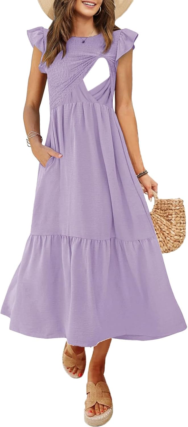 Women's Nursing Dress with Flutter Sleeves and Pockets