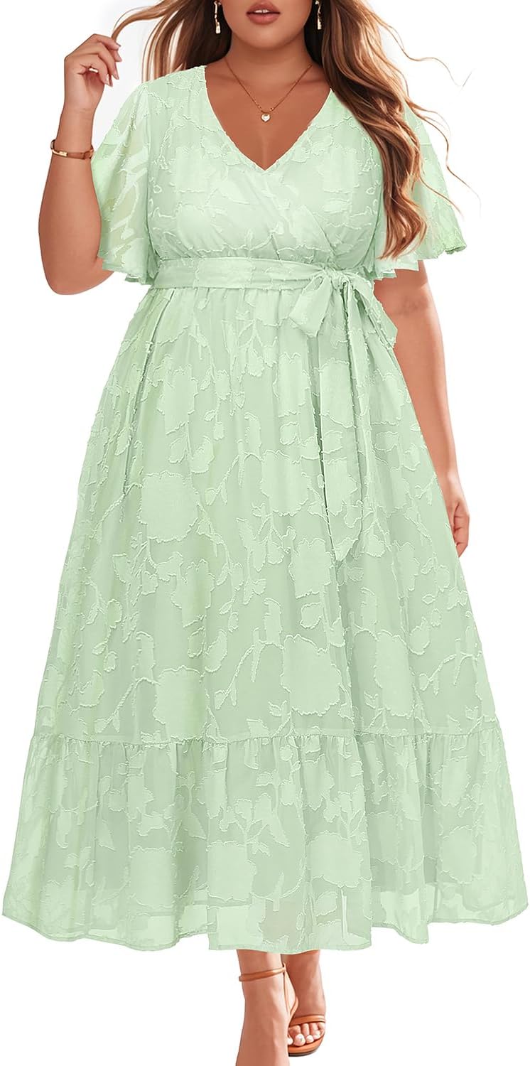 Plus Size Wrap V Neck Maxi Dress for Wedding Guests and More