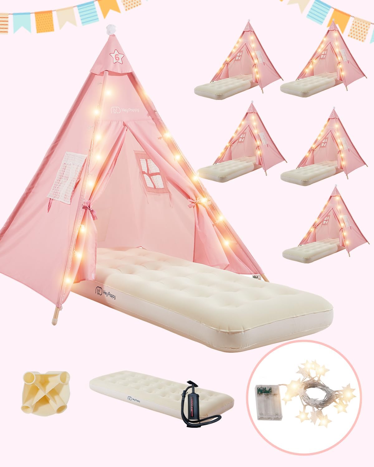 6 Pack Teepee Tent for Kids with Inflatable Airbed for Fun