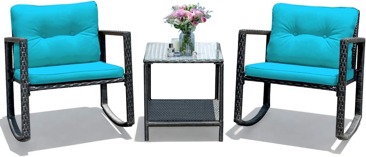 Tangkula 3 Pieces Patio Wicker Rocking Bistro Set for Outdoors