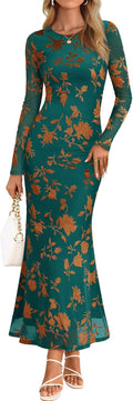 Women's Floral Mesh Maxi Bodycon Dress - Long Sleeve Fall 2025