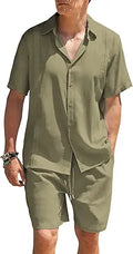 Men 2 Piece Linen Set Beach Guayabera Outfit Button Down Shirt