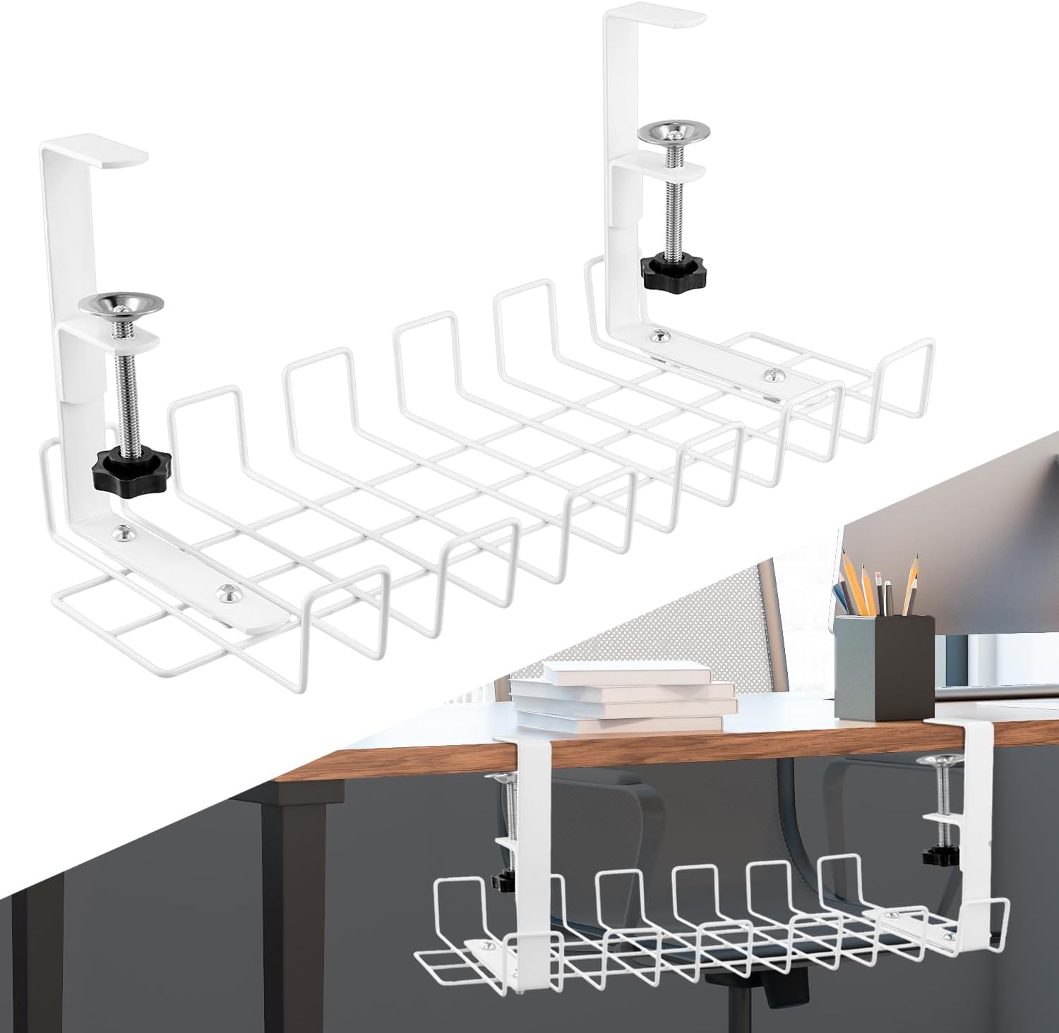 QWORK Under Desk Cable Tray 2 Pack - Easy Clamp-On Design for Neat & Organized Workspace