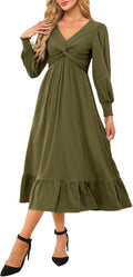 Womens Wrap V-Neck Twist Knot Midi Dress - Flattering Empire Waist