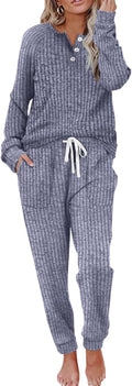 Two Piece Lounge Set for Women - Button Down Sweatshirt & Drawstring