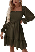 LYANER Square Neck Lantern Sleeve Ruffle Shirred Flowy Mini Dress Made