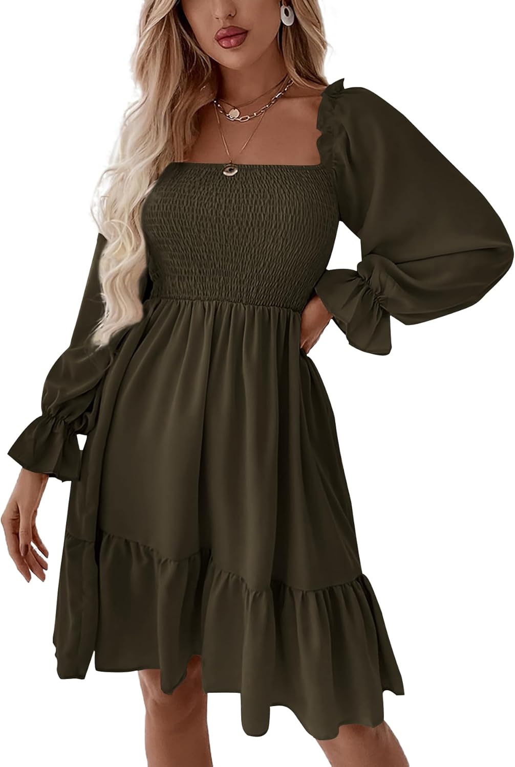 LYANER Women's Square Neck Long Sleeve Ruffle Mini Dress
