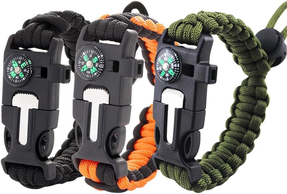 3 Pc Paracord Bracelet Set: Fire Starter, Whistle, Compass